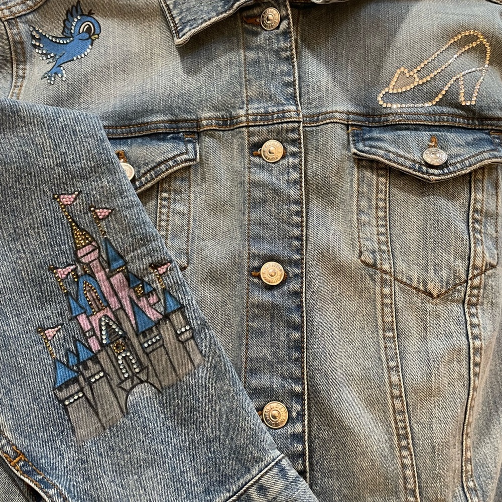 Hand painted Cinderella Denim Jacket with Castle and Shoe Design